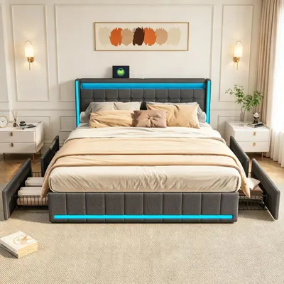 Produktbild von INONEFT Polsterbett 140x200cm mit 4 Schubladen, Jugendbett Doppelbett mit USB/Typ-C und LED, Stauraumbett Massivholzbett mit Lattenrost, Leinen, Grau
