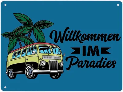 Produktbild von Willkommen im Paradies Campervan Metallschild XL in 21x28 cm