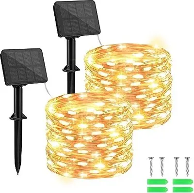 Productafbeelding van Zonnepanelen - Buitenverlichting, 2 x 10 meter, 100 LED-lampjes, koperdraad, 8 modi, timer, IP65 waterdicht, geschikt voor tuin, kerstboom, slaapkamer, etc