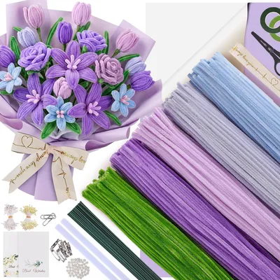 Productafbeelding van 500 stuks pijpenragers voor knutselbloemen, 5 kleuren chenillestengels met stengels, meeldraden, bloementape, lint en meer