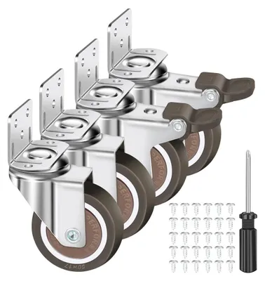 Produktbild von 4 L-förmige Möbelrollen, 50 mm Drehrollen mit Bremse, 30 Schrauben, 360° drehbare Möbelrollen, Transportrollen, Schwerlastrollen (2 Drehrollen, 2 Bremsrollen) für Kinderbetten, Möbel, Blumenständer