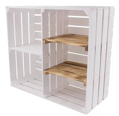 Produktbild von 2x WEIßE KISTEN mit 5 Fächern, 2 GEFLAMMTE REGALBRETTER / NEU / 77x68x35 cm / Küchenregal Holz
