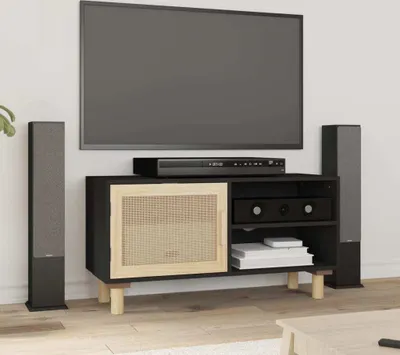 Produktbild von vidaXL TV-Schrank Schwarz 80x30x40 cm Massivholz Kiefer Natur-Rattan
