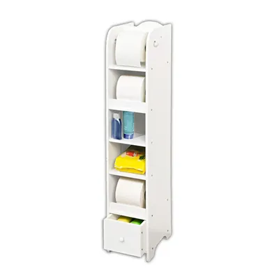 Produktbild von WC Rollen Papier Regal Holz Mit Schublade Weiß Klopapierhalter Toilettenregal Mit 4 Ablagen WC Toilette Schrank Badregal Freistehend