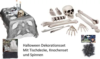 Produktbild von Großes Halloween Dekoration Set -  Knochenset mit Tischdecke und Spinnen