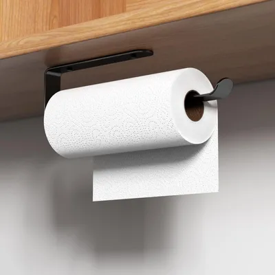 Image de Porte-rouleau de papier essuie-tout sans perçage ni découpe, porte-rouleau, porte-rouleau adhésif en aluminium, fixation murale, convient pour la salle de bains et la cuisine (noir)