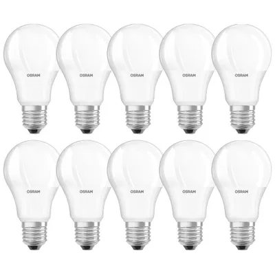 A group of ten white LED light bulbs arranged in two rows on a white background.