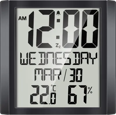 Produktbild von Digitale Wanduhr mit Temperatur und Luftfeuchtigkeit 8,6 '' Grosse Anzeige Zeit / Datum / Woche Wecker & Schlummer ¡æ / šH Waehlbarer Indoor-Thermo-Hygrometer Genauer Wettermonitor fuer das Home Office (Schwarz)