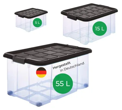 Produktbild von Novaliv 3 tlg Sparset Aufbewahrungsbox mit Deckel Anthrazit 1x 55 L + 1x 15 L + 1x 5 L Nestbar stapelbar Clipverschluss Rollboxen BPA-frei