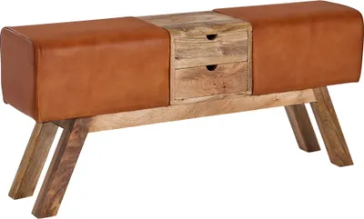 Produktbild von Design Turnbock Sitzbank Braun mit Schubladen 120x56x30 cm | Turnhocker Bank aus Echtleder mit Stauraum | Hocker Garderobenbank Sitzhocker Springbock Turnbank