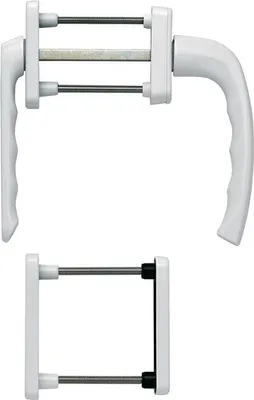 A white balcony door handle set is shown against a white background. The set includes two handles and a connecting mechanism.