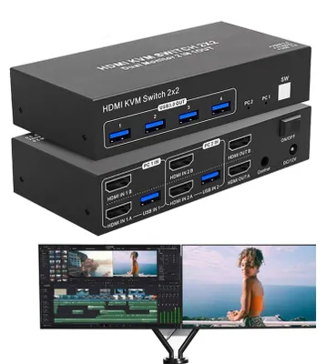 Obrázek produktu pro Přepínač KVM s HDMI a USB 3.0, pro 2 počítače, 2 monitory, rozlišení 4K při 60 Hz