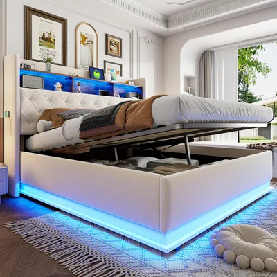 A bedroom scene with a bed that has storage.