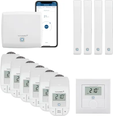 Produktbild von Homematic IP Heizungssteuerung Basic mit Wandthermostat für 6 Heizkörper. Inhalt: Access Point, 6 Heizkörperthermostate Basic, 4 Tür-Fensterkontakte, 1 Wandthermostat. Kompatibel mit Alexa und Google Home.