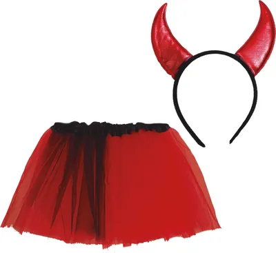 Produktbild von Daemonen Halloween Set Teufelshorn Tutu Kopfband Rot Schwarz Erwachsene Outfit Kostuem Party Accessoire Karneval Maskerade Event, Farbe: Rot