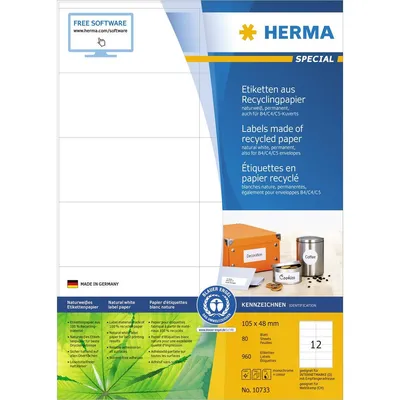 Image de HERMA 10733 Étiquettes en papier recyclé A4 105x48 mm blanches adhésives permanentes