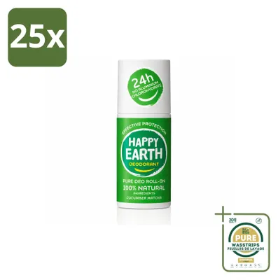 Productafbeelding van 25 x Happy Earth Deodorant Roller Cucumber Matcha - 100% Natuurlijk - 75 ml - Voordeelverpakking - 25 stuks