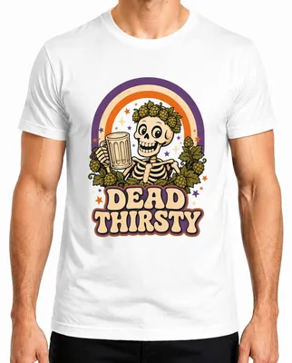 Productafbeelding van "Dead Thirsty Skelett Bier Hopfen Retro Trachtenshirt Lederhose Heren T-shirt, Wit, Maat S"