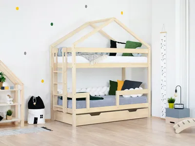 Zdjęcie produktu dla Benlemi Drewniane łóżko piętrowe KILI w kształcie domku 90x200 cm, wysokość 227 cm