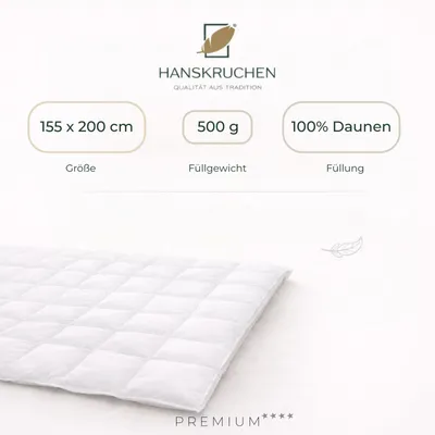 Produktbild von HANSKRUCHEN Bettdecke Daunen 100% 155x200 cm Leicht waschbar Allergiker Daunendecke atmungsaktiv Bettdecke weiß