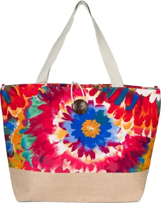 Produktbild von styleBREAKER Damen Strandtasche mit buntem Blumen Muster Print, Knebelknopf Verschluss, XXL Schultertasche, Shopper 02012389