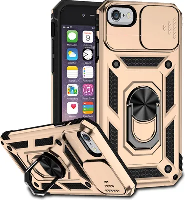 Produktbild von iPhone SE 2020 Hülle mit Schiebe Kamera Schutz und Ringhalter Ständer Robust Rüstung Schutzhülle für iPhone 6/6s/7/8/iPhone SE 2020 Gold