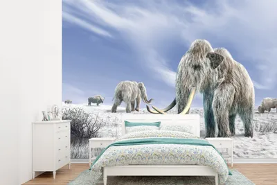 Produktbild von MuchoWow® Fototapete für Wohnzimmer oder Schlafzimmer Wandtapete Vinyl Motivtapete Illustration einer Mammutherde - 385x280 cm - Wallpaper