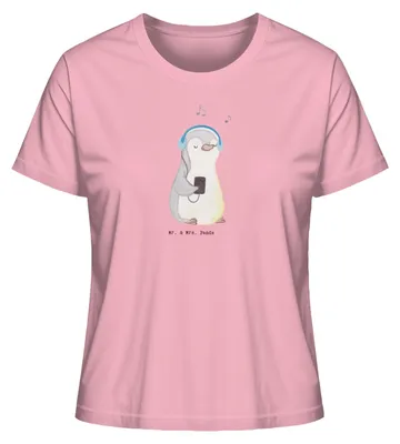 Produktbild von Mr. & Mrs. Panda Damen T-Shirt Pinguin Musik hören Größe M - Baumwolle Pink - Geschenk, shirt, Baumwoll, Kurzarm, Lieblingssong, Basic, Oberteil