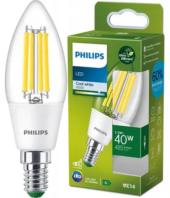 Zdjęcie produktu dla Philips Świeczka żarnikowa przezroczysta 40 W B35 E14, 2,3 W, 40 W, E14, 485 lm, 50000 h, Zimne białe