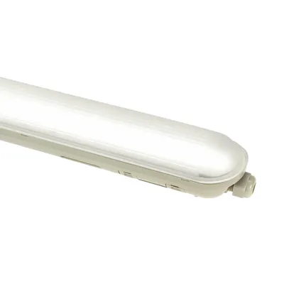 A close-up, angled view of a white and gray LED ceiling light fixture against a white background.