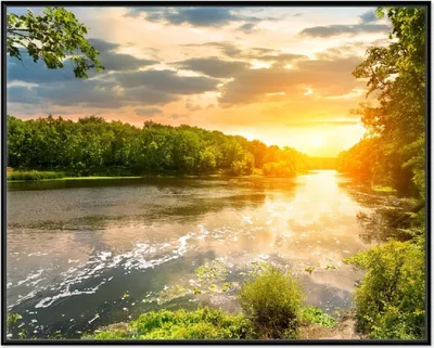 Produktbild von Wallario Wandbild Sonnenuntergang am Fluss in grüner Umgebung, Größe: 40,30 x 50,30 cm, Poster mit schwarzem Aluminiumrahmen
