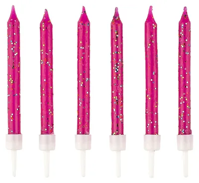 Produktbild von 12 pinke Glitzer-Geburtstagskerzen mit Haltern 6cm - Einheitsgröße