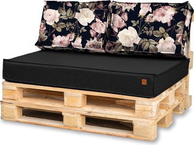 Palettenkissen 120 x 80 Set für Palettenmöbel Wasserdicht Europaletten Sitzkissen  EU Palettensofa komplett besteht aus 3 Teilen in Farbe schwarz mit Rosen