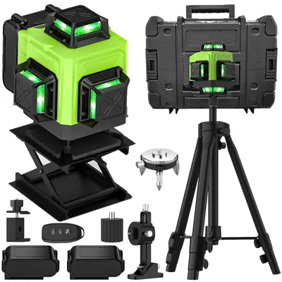 Image de Niveau à bulle laser - Laser à lignes croisées 4D 16 lignes - 360° à l'horizontale et à la verticale - Faisceau vert - Électronique - Avec batterie - Pack standard