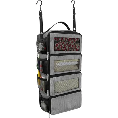 Produktbild von Hängender Kleiderschrank Organizer faltbar - 4 Fächer Aufbewahrungstasche mit großer Kapazität - Für Geschäftsreisen & Camping - Grau