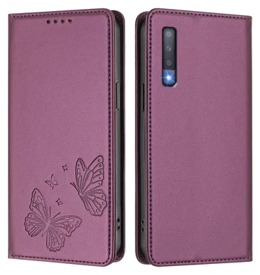 Produktbild von Lederhülle für Samsung Galaxy A7 2018, Schmetterling Prägung Leder Brieftasche Schutzhülle mit Ständer Lila