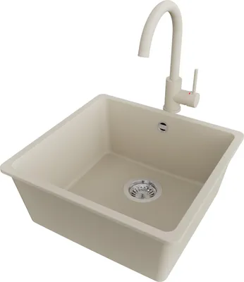 Produktbild von PRIMAGRAN Unterbauspüle Granit Beige 46x44cm, Spülbecken 1 Becken + Küchenarmatur 32x20cm + Ablauf-Set, Granitspüle ab 50er Unterschrank - Venedig Easy