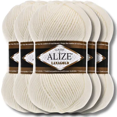 Produktbild von Alize 5x 100g Lanagold Wolle, Uni, Häkeln, Stricken (Light Cream | 62)