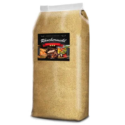 A large bag of smoking wood chips with a label showing images of food.