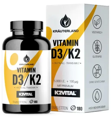 Produktbild von Kräuterland Vitamin D3 + K2 Depot 180 Tabletten hochdosiert mit 5000 IE D3