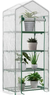 Image de Outsunny Serre de jardin PE avec étagères 4 niveaux, serre de balcon, bâche renforcée 140 /m², châssis en acier, porte zippée enroulable, pour légumes plantes, intérieur extérieur, 70x50x160cm, blanc