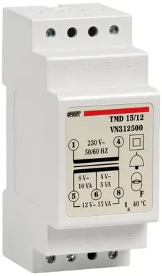 Produktbild von VEMER VN312500 Klingeltrafo Hutschiene 230V Primär 4-8-12V Sekundär 15VA Weiß
