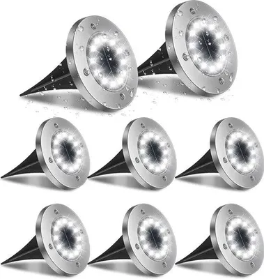 Imagen del producto de Juego de 8 focos solares para exteriores - 12 focos LED resistentes al agua para jardín, entrada, terraza, pérgola, césped - Focos LED para exteriores con soporte para suelo - Luz cálida - Lámpara LED para exteriores