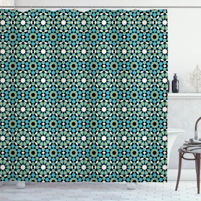 Produktbild von ABAKUHAUS marokkanisch Duschvorhang, Vintage Look Repetitive Geometrie Inspired Art, 175 x 180 cm, Himmelblau Reseda Grün
