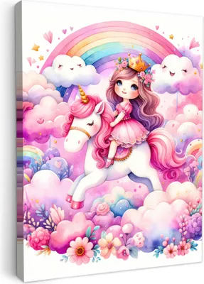 Produktbild von Leinwand Bilder 30x40 cm - Kinder Mädchen - Einhorn - Prinzessin, Bilder Wohnzimmer Modern, Wanddeko