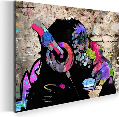 Produktbild von Affe mit Kopfhörern Pop Art Wandbild Leinwandbild Kunstdruck XL Wanddeko: 120x80x4cm