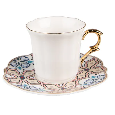 Produktbild von Clayre & Eef Tasse mit Untertasse 95 ml Weiß Beige Porzellan