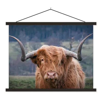 Produktbild von MuchoWow® Textilposter Schottischer Highlander - Hörner - Berg 40x30 cm mit schwarzem Rahmen - Dekorationen