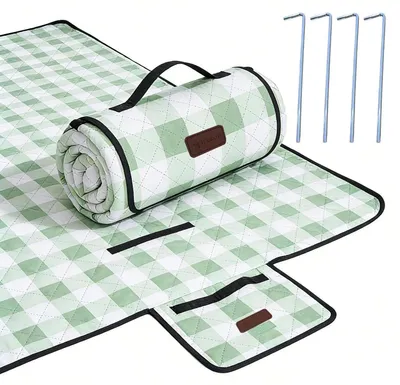 Immagine prodotto di Coperta da picnic impermeabile, 203 x 203 cm, verde, pieghevole, motivo a quadretti