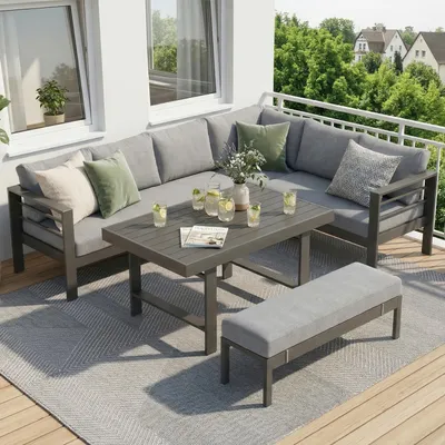 Produktbild von MEXO Gartenmöbel Set Aluminium 8 Personen, Modulares Gartenlounge-Set Gartensofas Ecklounge mit groß Tisch & Gartenbank, Wetterfest Outdoor-Loungesofa